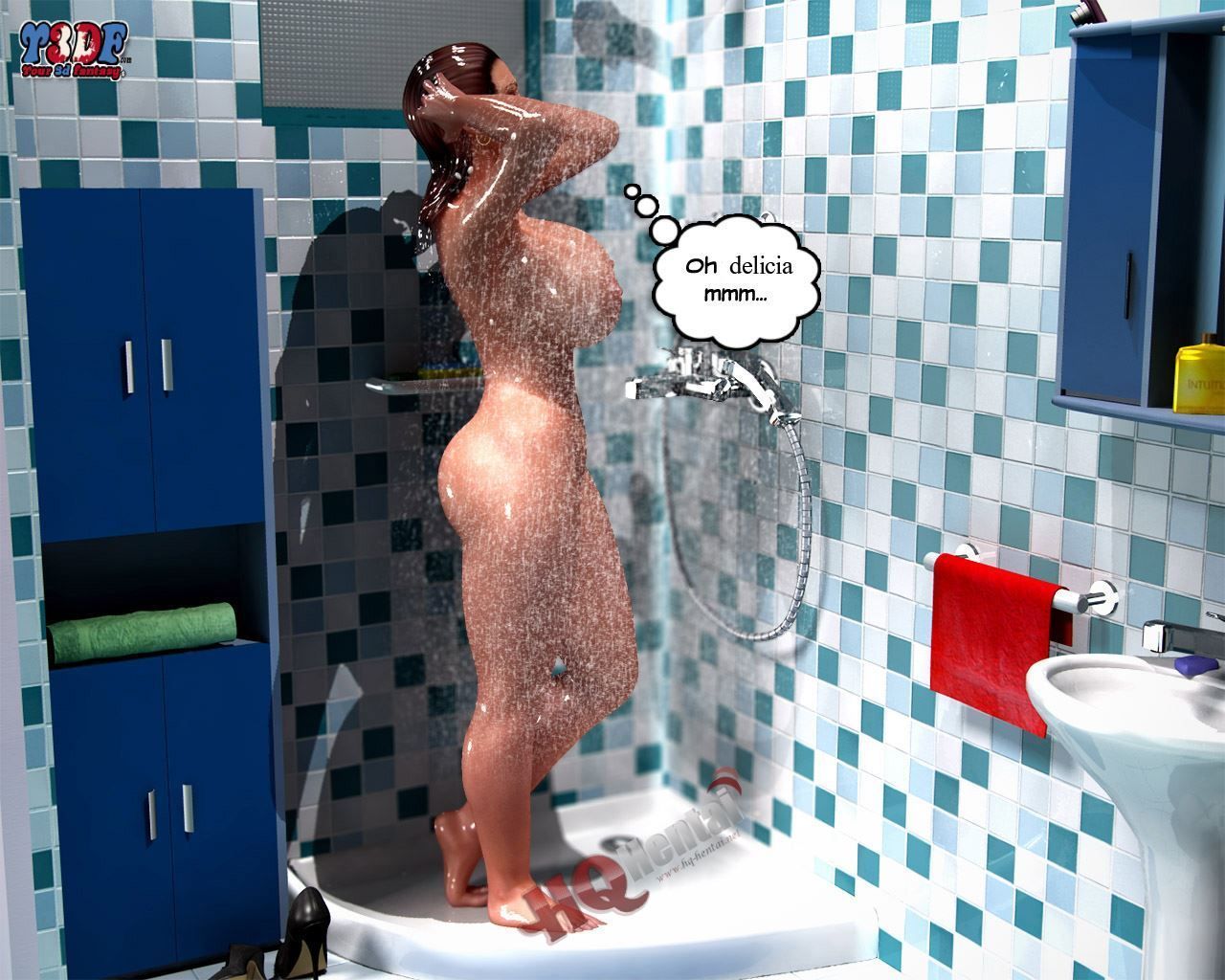 Hentai 3D - Filmando a mamãe no banho - Quadrinhos Incesto